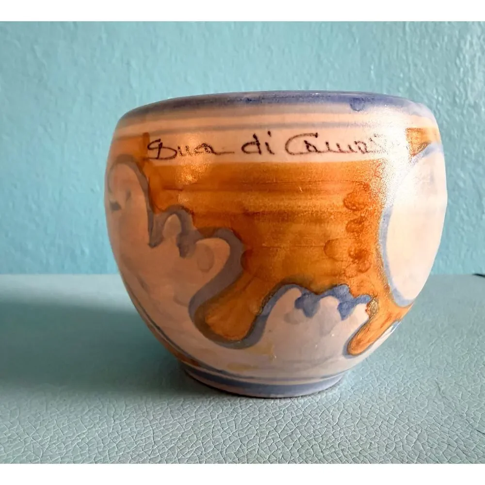 Italian Handpainted Majolica Signed Studio Pottery Cup Vase Blue Orange Wave